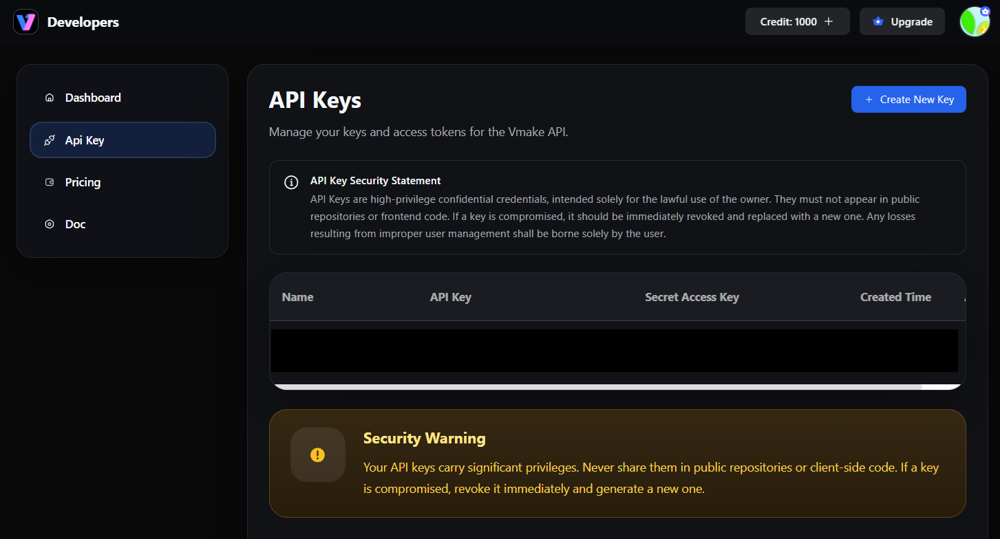 Vmake Developers의 API Keys 화면